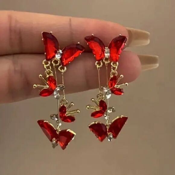 Red Butterfly Dangle Earrings - Picture 1 of 3